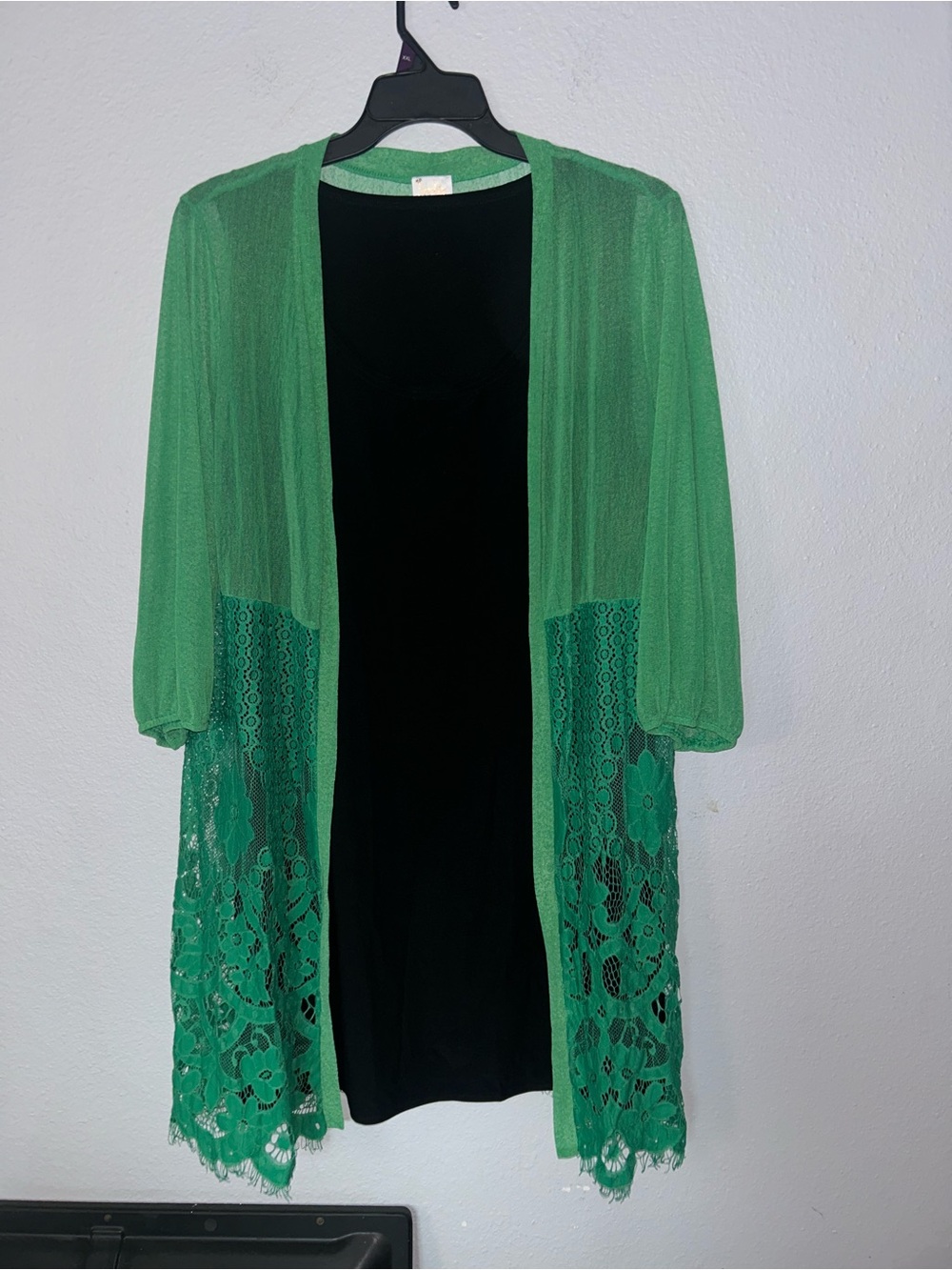Siren Lily Emerald Green Lace-Trim Open Cardigan with attached black dress
